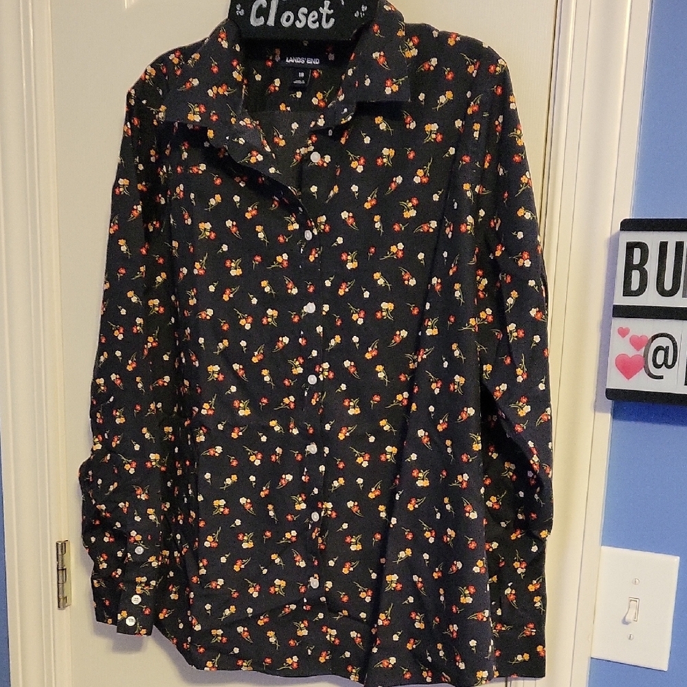 Lands' End Floral Button-Up Shirt 18 Navy No Iron Supima Long Sleeve